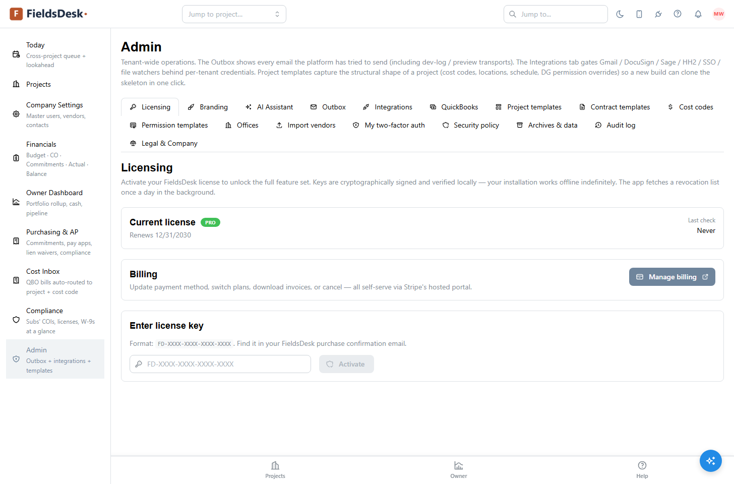 Admin Licensing tab with a current-license card showing tier and renewal date, a Billing card with a Manage billing button, and an Enter license key field