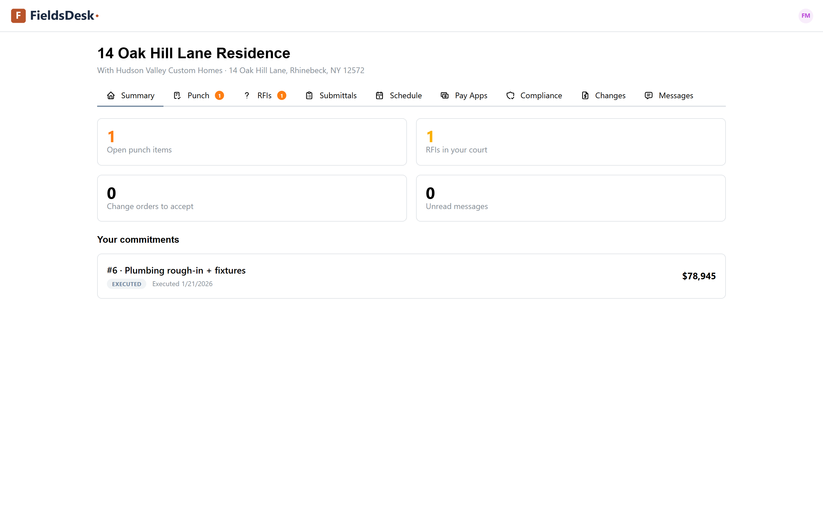 The sub's scoped portal home showing only their project and their single commitment, with action tiles and a tab bar